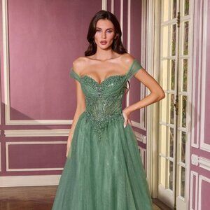 New Dark Sage Off Shoulder Beads Embellished Tulle Graduation Dress CD CC493